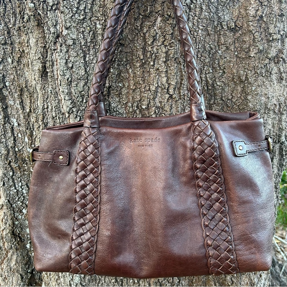 Kate Spade Braided Handle Distressed Brown Leather Tote Bag